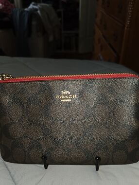 Coach Brown Signature Wristlet with Red Trim
